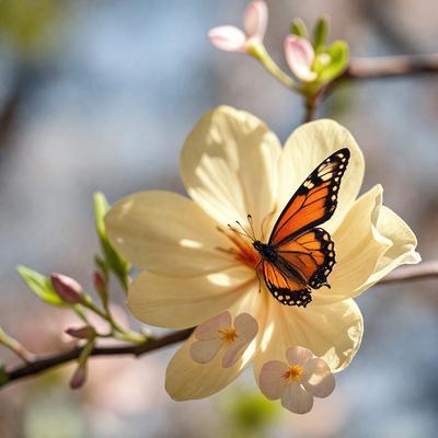 The primary subject of the image is a butterfly perched on a yellow flower. The setting is a tree branch with a few other flowers nearby. The visual style is a close-up of the butterfly and the flower, showcasing the details of the scene. The colors and mood of the image are bright and cheerful, with the yellow flower and butterfly being the main focus.